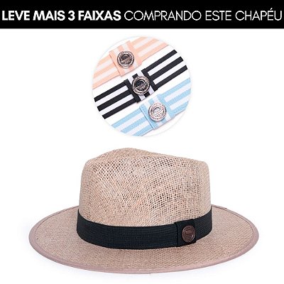 Kit Chapéu Fedora Palha Juta Bege Aba Média Faixa Preta + 3 Faixas Stripes VI