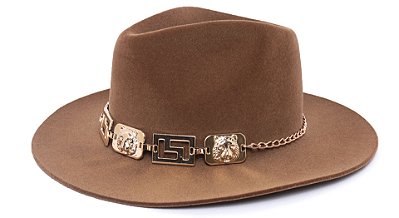 Chapéu Fedora Aba Grande 8cm Veludo Caramelo Faixa Dourada II - Coleção Medallion
