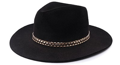 Chapéu Fedora Aba Grande 8cm Veludo Preto Faixa Dourada III - Coleção Metalizada
