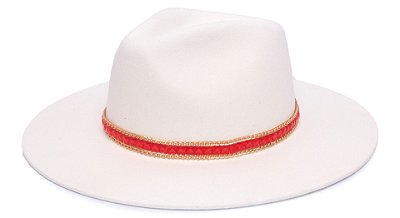 Chapéu Fedora Aba Grande 8cm Veludo Branco Faixa Vermelha - Coleção Carre