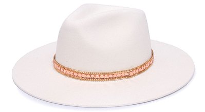 Chapéu Fedora Aba Grande 8cm Veludo Branco Faixa Rosé - Coleção Carre