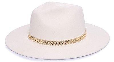 Chapéu Fedora Aba Grande 8cm Veludo Branco Faixa Dourada - Coleção Metalizada