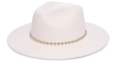 Chapéu Fedora Aba Grande 8cm Veludo Branco Faixa Meia Perola Dourada - Coleção Metalizada