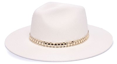Chapéu Fedora Aba Grande 8cm Veludo Branco Faixa Dourada III - Coleção Metalizada