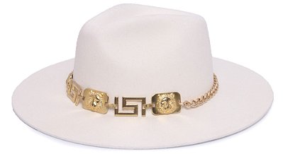 Chapéu Fedora Aba Grande 8cm Veludo Branco Faixa Dourada - Coleção Medallion