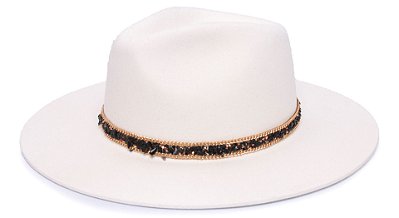 Chapéu Fedora Aba Grande 8cm Veludo Branco Faixa Preta - Coleção Cascalho