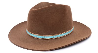 Chapéu Fedora Aba Grande 8cm Veludo Caramelo Faixa Azul Claro - Coleção Carre