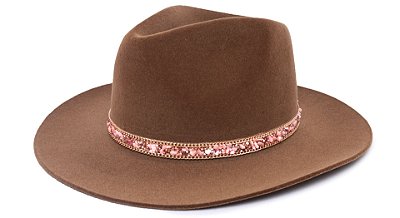 Chapéu Fedora Aba Grande 8cm Veludo Caramelo Faixa Rosé - Coleção Cascalho