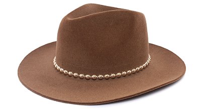 Chapéu Fedora Aba Grande 8cm Veludo Caramelo Faixa Meia Perola Dourada - Coleção Metalizada