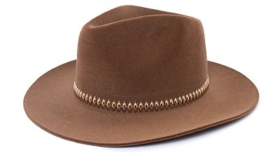 Chapéu Fedora Aba Grande 8cm Veludo Caramelo Faixa Dourada IV - Coleção Metalizada