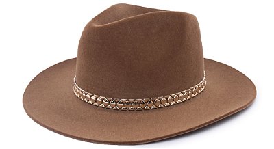 Chapéu Fedora Aba Grande 8cm Veludo Caramelo Faixa Dourada III - Coleção Metalizada