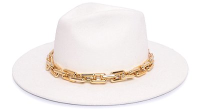 Chapéu Fedora Aba Grande 8cm Veludo Branco Faixa Dourada - Coleção Corrente Grande