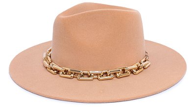 Chapéu Fedora Aba Grande 8cm Veludo Bege Faixa Dourada - Coleção Corrente Grande