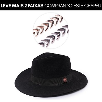 Kit Chapéu Fedora Veludo Preto Aba Grande Faixa Preta - Coleção Clássica + 2 Faixas Metalizada