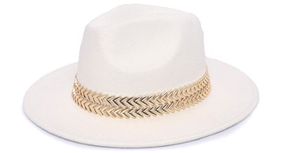 Chapéu Fedora Branco Aba Média Reta 7cm Faixa Double Dourada II - Coleção Dupla Metalizada