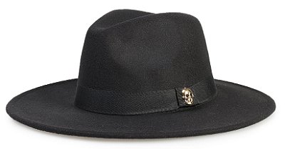 Chapéu Fedora Preto Aba Reta 9cm Feltro Caveira Dourada Rose