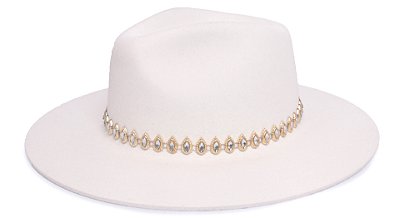 Chapéu Fedora Aba Grande Veludo Branco Faixa Crystal Mirror - Coleção Metalizada Exclusivo