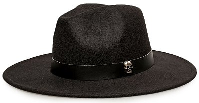 Chapéu Fedora Feltro Preto Aba Reta 7cm Faixa Preta Caveira Grafite - Coleção Couro