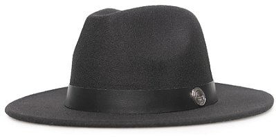 Chapéu Fedora Feltro Preto Aba Reta 7Cm  Faixa Preta - Coleção Couro