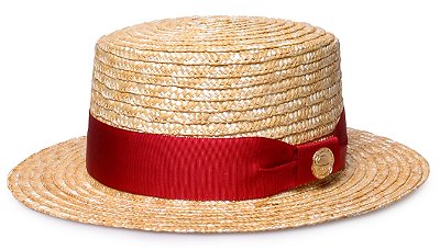 Chapéu Palheta Palha Dourada Aba Curta 5cm Faixa Vermelho - Coleção Gorgurão