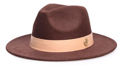 Chapéu Fedora Marrom Aba Reta 7cm Feltro Faixa Couro Nude