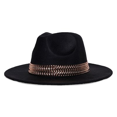 Chapéu Fedora Preto Aba Média Reta 7cm Faixa Double Dourada II - Coleção Metalizada