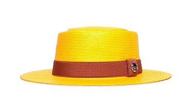 Chapéu Pork Pie Palha Shantung Amarelo Aba Média 7cm  - Coleção Elástica