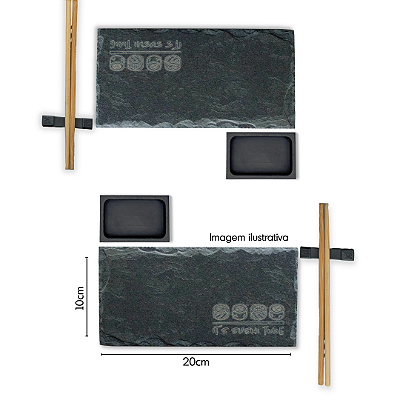 KIT PARA SUSHI PERSONALIZADO - 2 TÁBUAS RETANGULARES 10X20CM (ACAB. RÚSTICO), 2 MOLHEIRAS, 2 APOIOS PARA HASHI, 2 HASHI DE BAMBU - ARDÓSIA - COR GRAFITE