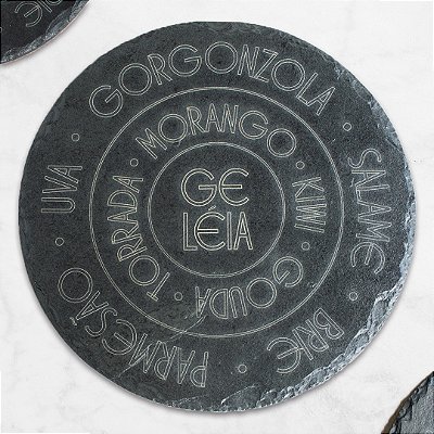 TÁBUA REDONDA CHEESE PERSONALIZADA - ARDÓSIA - COR GRAFITE  (INCLUSO LAÇO DE CETIM)