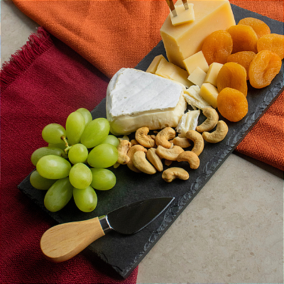 KIT PARA TÁBUA DE FRIOS - 1 PRATO RETANGULAR 15X30cm, 1 FACA E 1 GARFO CABO DE MADEIRA - ARDÓSIA - COR GRAFITE