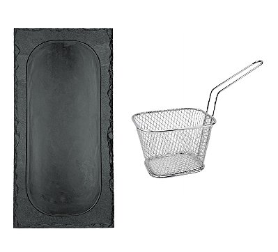 KIT PARA HAMBURGUER - TÁBUA RETANGULAR COM BORDA 15x30CM, CESTO METAL - ARDÓSIA - COR GRAFITE