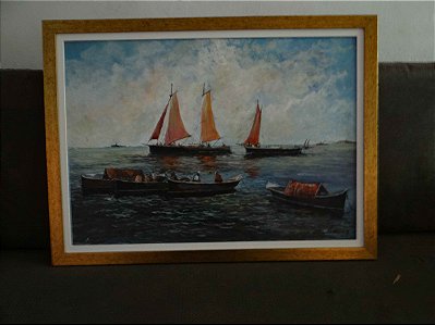 Quadro pintura artista Ney Vianna "Marinha com Barco"