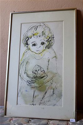 Gravura da artista Glória de Almeida "Menina com Boneca" assinada