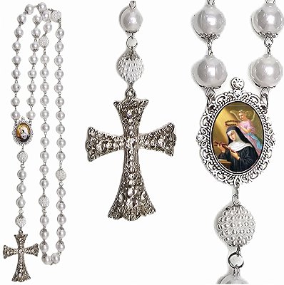Terço Noiva Prata Pérolas Brancas Santa Rita
