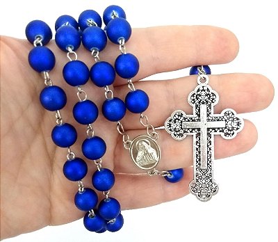 Terço Dos Homens Azul Com Cruz Prata Envelhecida