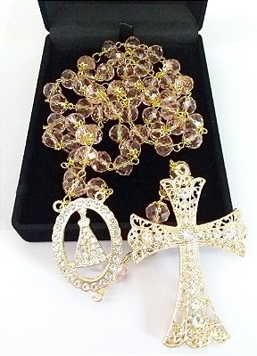 Terço de noiva rosa cristal de vidro rose banho de ouro