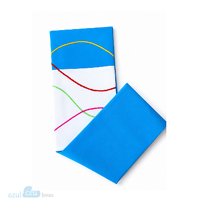 Trilho de mesa Azul com barrado off white e bordado colorido – 0,45 x 1,45 m