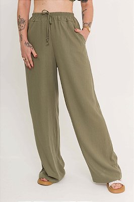 Calça Pantalona Linho Verde Militar