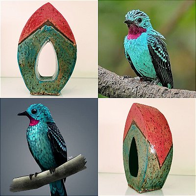 Escultura "Manhãs de Brilho e Cor na Verde Imensidão" - Cotinga-Cayana - Série Pássaros do Brasil - Cerâmica de Alta Temperatura - Feito a Mão