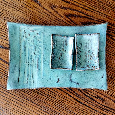 Kit japonês em Cerâmica feito a mao - Linha BAMBU II com 3 pecas: 1 prato retangular + 2 mini pratinhos