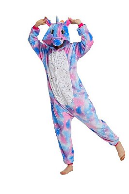 Pijama Infantil Unicórnio Macacão Azul Arco-Íris - Pronta Entrega
