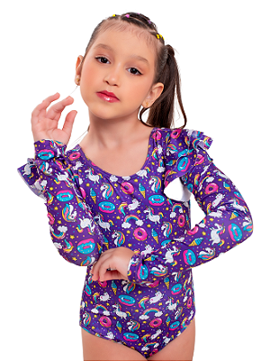 Maiô Manga Longa Infantil Bebe Maio Menina Proteção Uv 50+Violeta Unicornio
