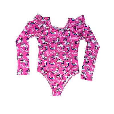 Maiô Manga Longa Infantil Bebe Maio Menina Proteção Uv 50+Rosa Unicornio