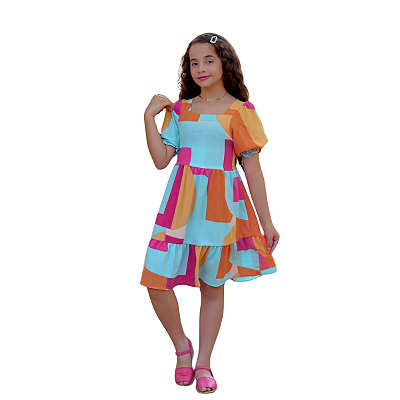 Vestido Curto Estampado Infantil E Juvenil Festa Azul-Laranja