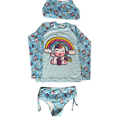 Kit 3 Peça Blusa Pro Uv 50 + Biquíni + Top Infantil Unicórnio Azul