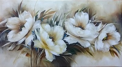 Pintura\Quadro\Tela Floral com papoulas brancas em tons nude.70 x 130 cm.