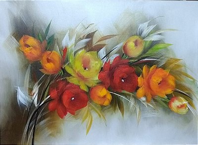 Pintura\Quadro\ Tela Floral com galho de rosas coloridas vermelhas, laranja e amarelas 50 x 70 cm.