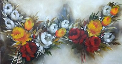 Pintura\Quadro\ Tela com buquê de rosas coloridas 70 x 130 cm.