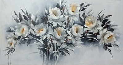 Pintura/Quadro/Tela floral com galho de rosas brancas e pretas. 70x130cm