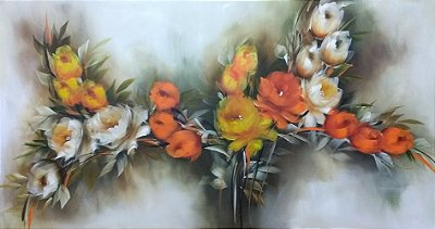 Pintura/Quadro/Tela floral com galho de rosas coloridas, laranja, amarelas e brancas. 70x130cm